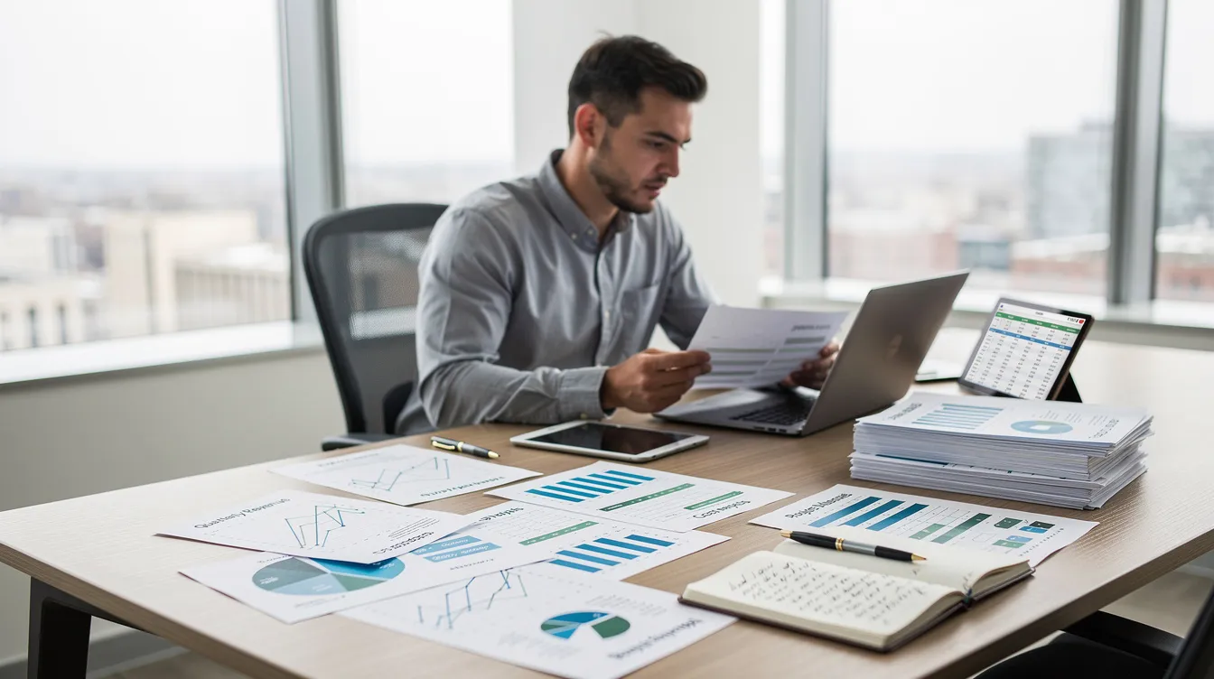 480e14f6 7db3 4dcb ad14 1a04f5987c61 An entrepreneur is seated at a table, diligently reviewing financial documents and a project report, likely assessing details for a business loan application under the Pradhan Mantri Mudra Yojana. The scene reflects a focus on business financing, with various papers spread out that may include bank statements and a clear business plan.