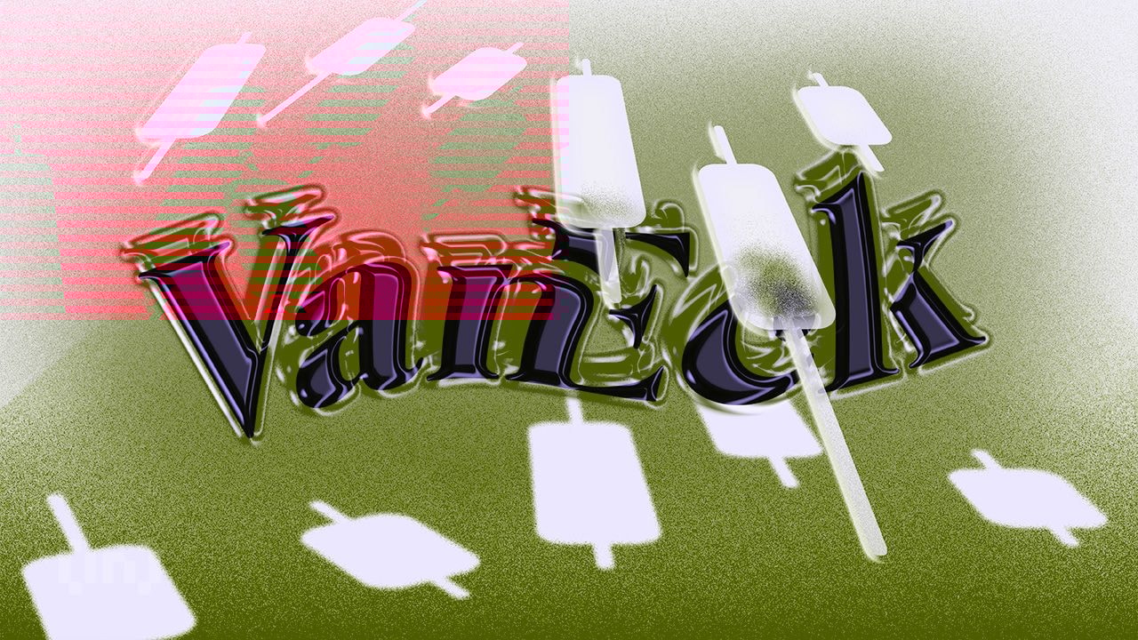 An arty VanEck Image with bright red and white trading candles. 