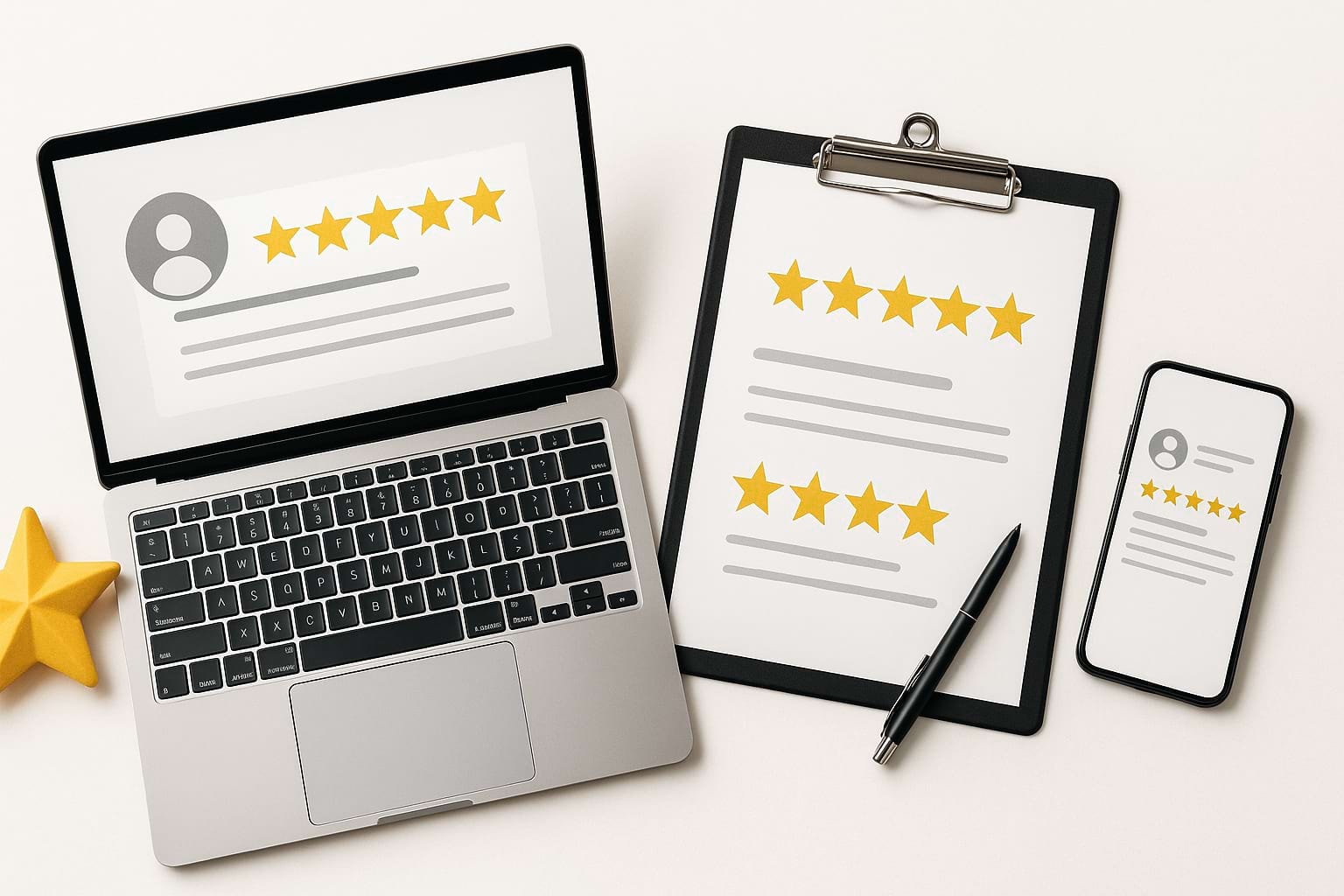 Professional conceptual banner showing digital reputation and customer feedback through online feedback with laptop, clipboard, and smartphone displaying gold star ratings on a clean white background.
