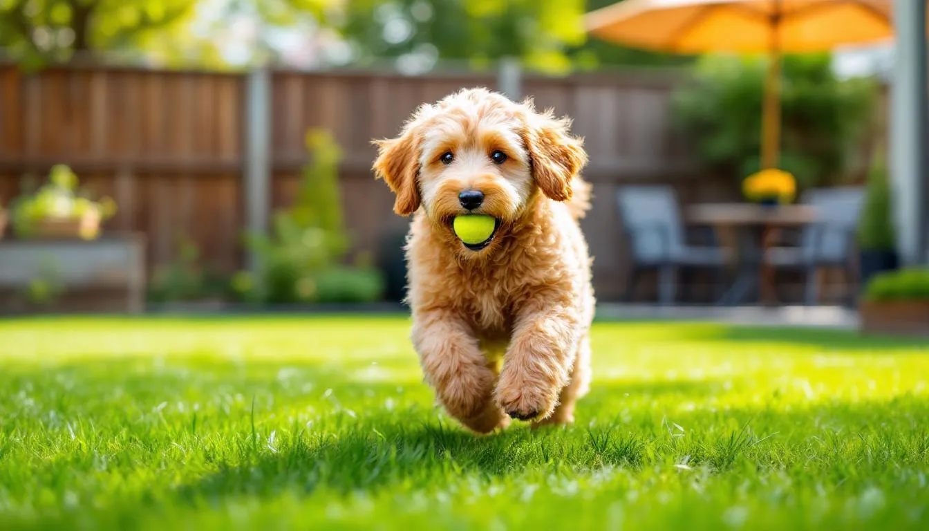 An adult mini goldendoodle with a wavy golden coat is happily playing in a backyard, showcasing its playful and sociable nature. This mixed breed dog, known for its adorable appearance and hypoallergenic qualities, enjoys the outdoor space, embodying the energetic spirit of both its golden retriever and miniature poodle parents.
