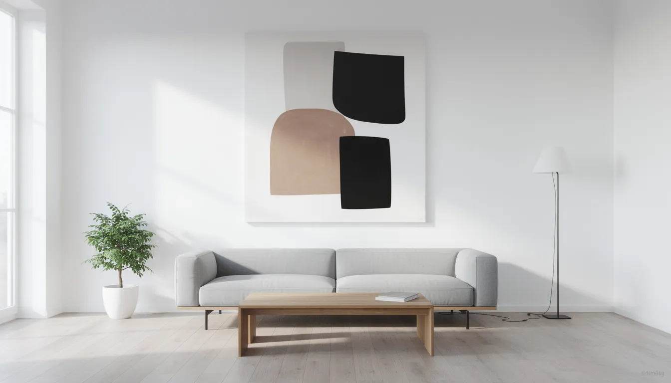 Ein minimalistisches Wohnzimmer verfügt über eine Galerie-Wand, die mit großformatigen Kunstdrucken, darunter 70x100 cm Poster, vor einem klaren weißen Hintergrund geschmückt ist. Die breite Auswahl an Grafikdesigns schafft einen perfekten Blickfang und verbessert den Raum.