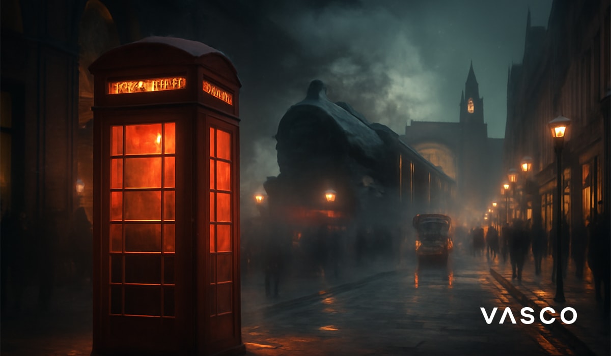 O cabină telefonică roșie, britanică, strălucind pe o stradă londoneză cețoasă și întunecată, cu un tren cu aburi (Hogwarts Express) apărând în fundal.