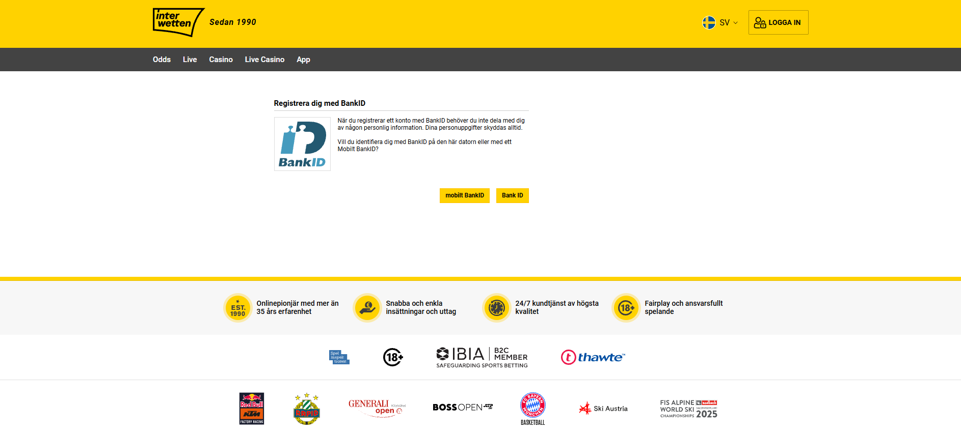 Registrering hos Interwetten med BankID.