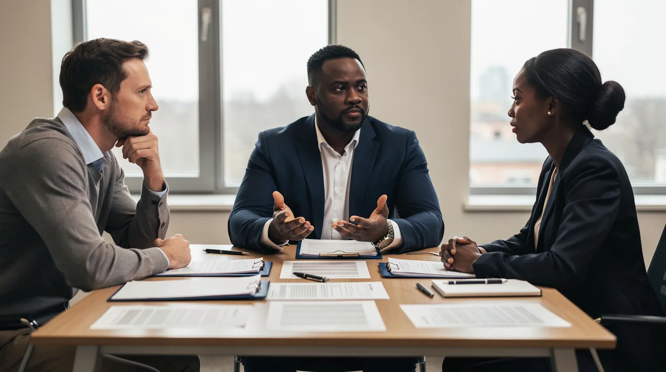 The image depicts a dark-skinned mediator seated at a table with a white man and a black woman, all engaged in a discussion surrounded by documents. This scene illustrates the mediation process often used to resolve family disputes, such as divorce mediation and parenting plans.