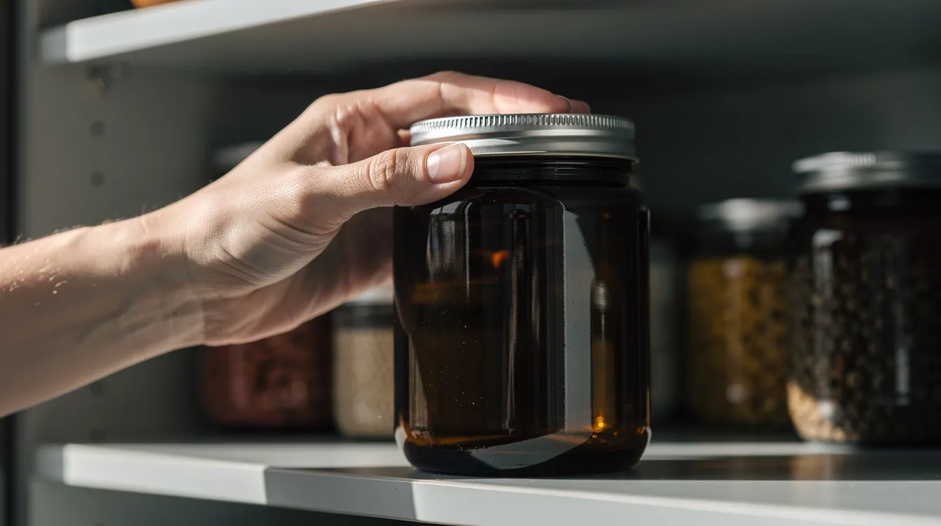 A person's hand is seen closing a dark glass jar containing authentic batana oil, which is stored in a cool cabinet away from sunlight to preserve its amazing benefits for hair growth and scalp health. This natural oil is known for nourishing various hair types and promoting healthier, shinier hair with consistent use.