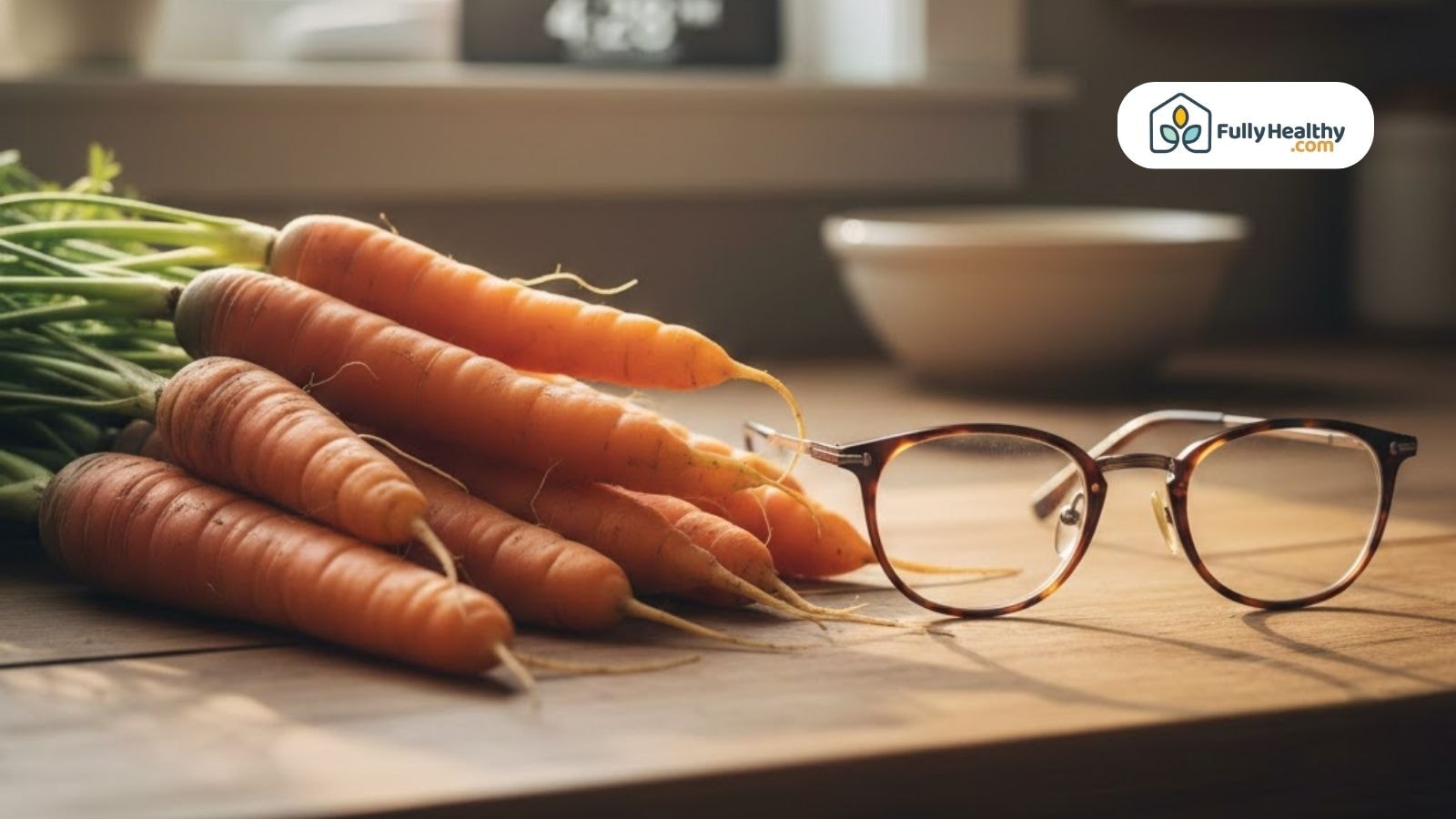 Fresh carrots next to eyeglasses on a kitchen table.