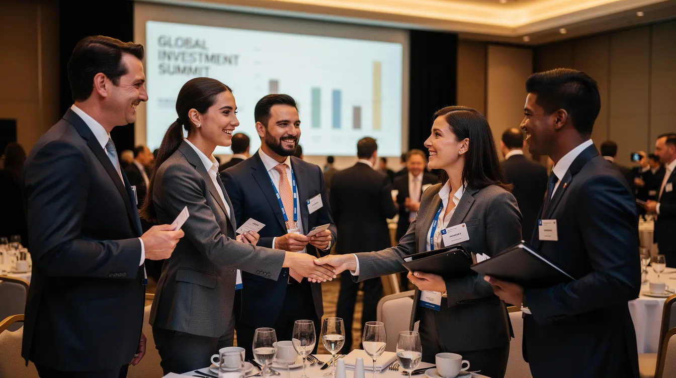 A group of business professionals is engaged in networking at an investment conference, discussing strategies related to wealth management and investment opportunities for high net worth families. The atmosphere is collaborative, reflecting a shared vision for supporting family offices and preserving wealth across generations.