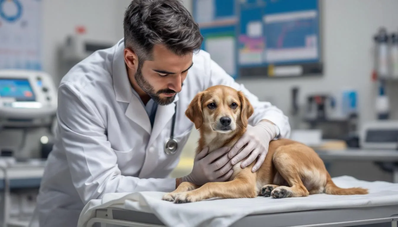 A veterinarian is examining a dog in a clinical setting, assessing for common clinical signs of leptospirosis in dogs, which can lead to severe disease such as acute kidney injury or liver dysfunction. The vet is likely performing diagnostic tests to check for signs of infection and discussing the importance of leptospirosis vaccination for disease control in both infected dogs and other animals.