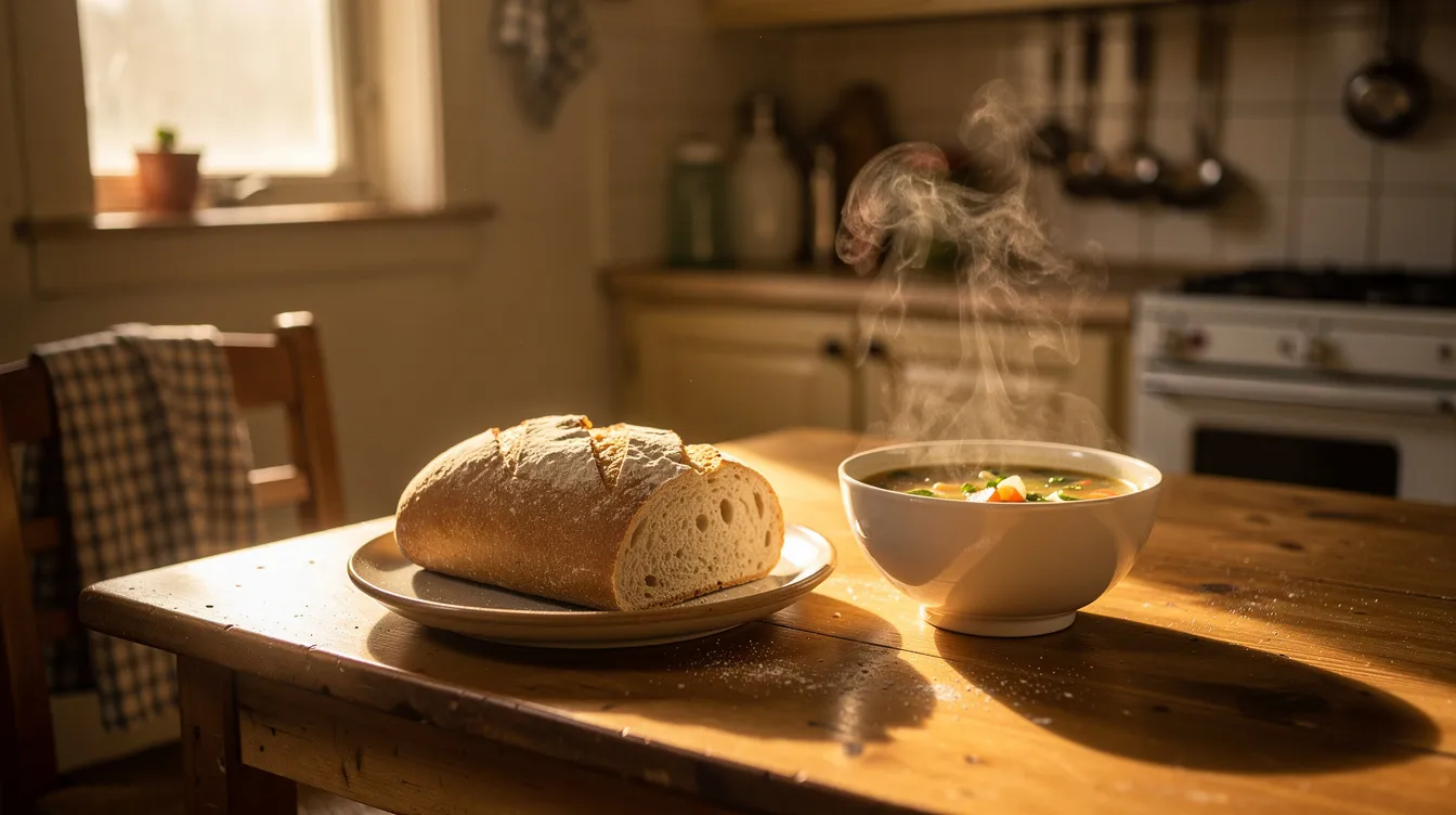 In a warm kitchen, a simple loaf of bread rests beside a bowl of soup on a modest table, evoking the spirit of sharing meals as Jesus did to build relationships and foster community. This inviting scene reflects daily life moments filled with hope, conversation, and the joy of gathering with friends and family.
