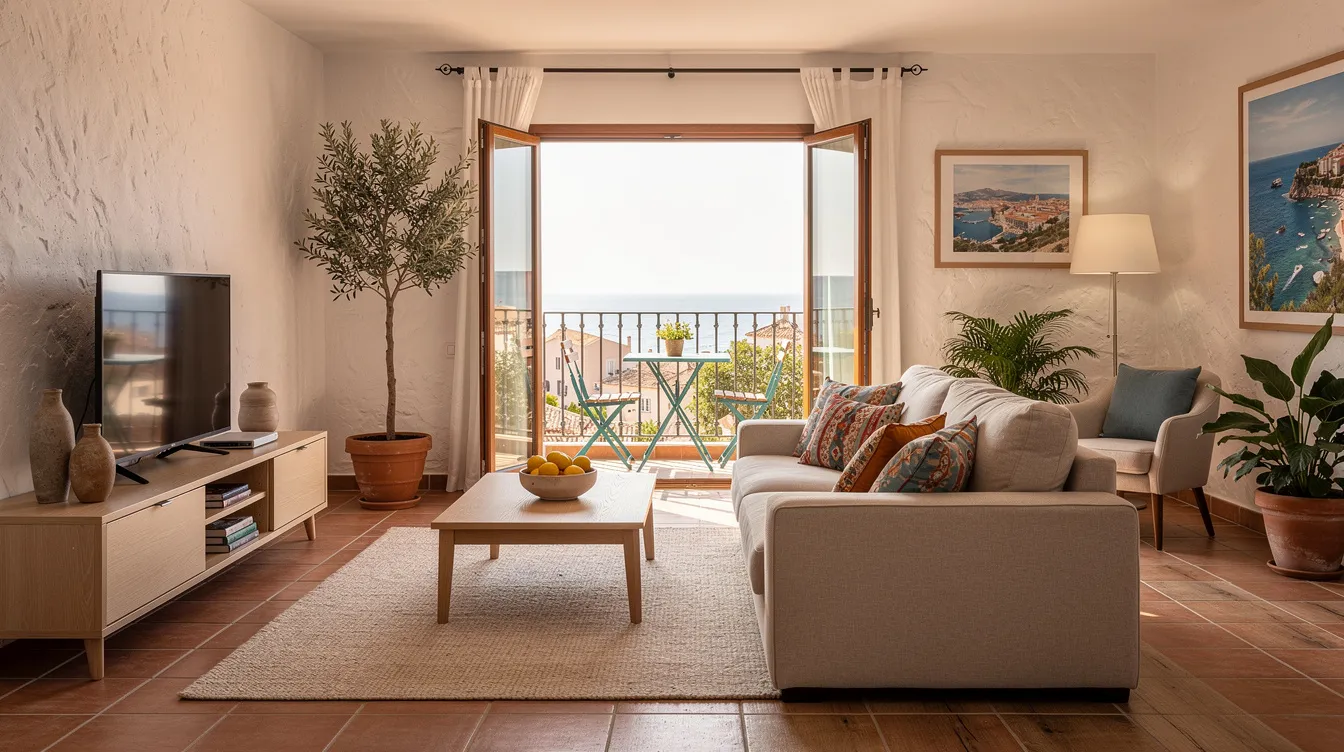 The image depicts a modern family apartment living room featuring Mediterranean decor, with light-colored walls, stylish furniture, and a balcony that overlooks a scenic view. This inviting space reflects the charm of Cyprus living, ideal for those considering moving to Cyprus for a more relaxed lifestyle.