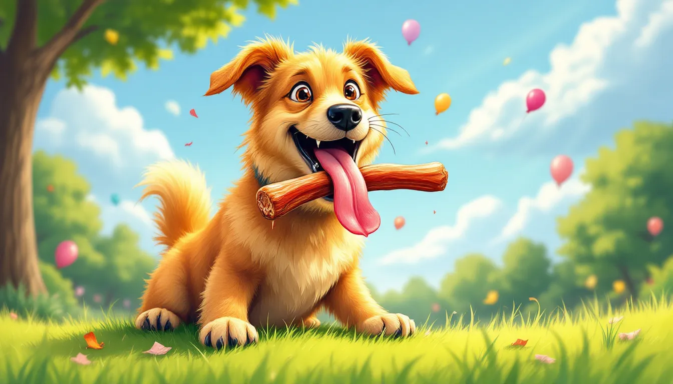 A happy dog chewing on a bully stick in a sunny park.