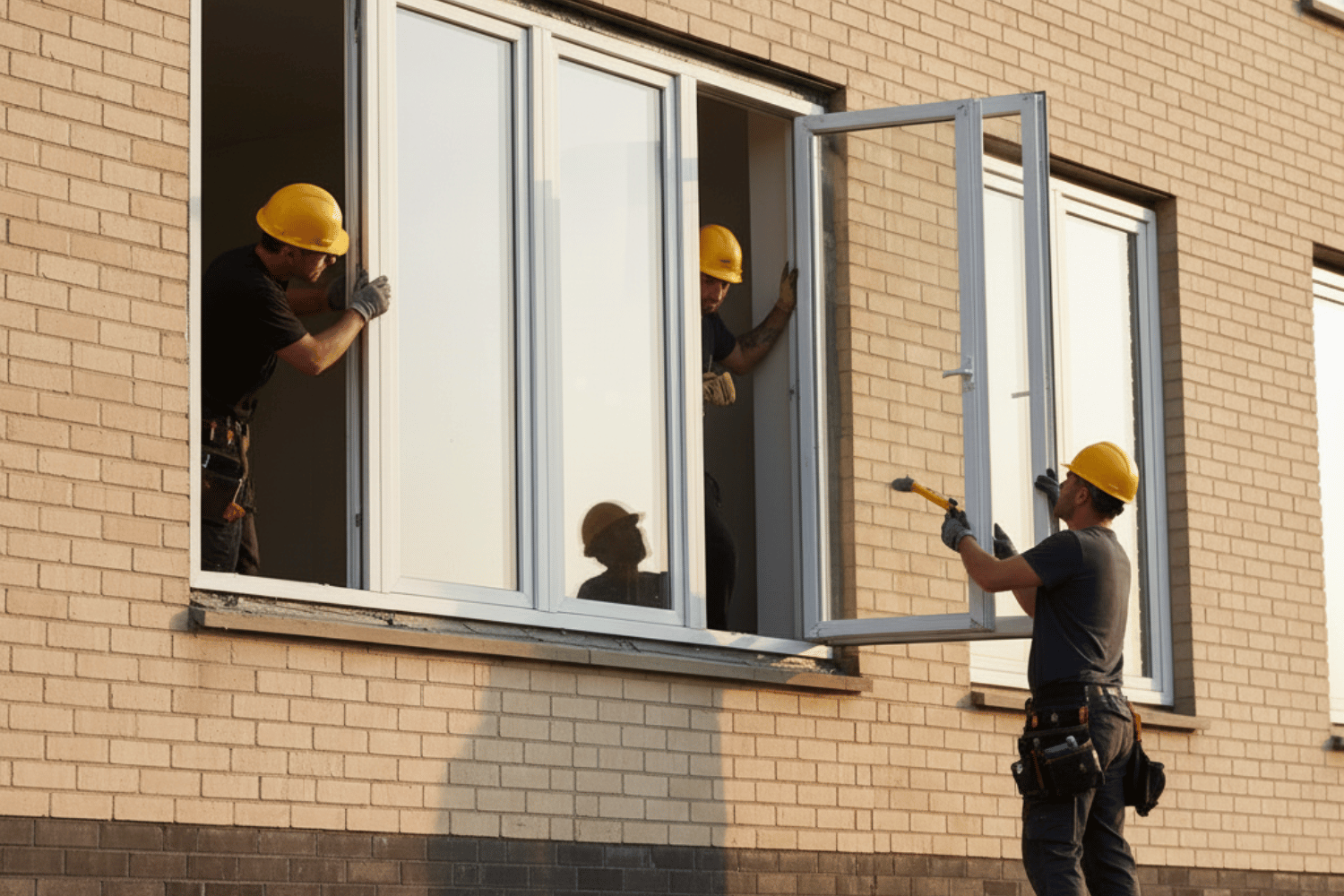 A professional window installation team is seen carefully installing new energy efficient windows, ensuring proper sealing with high-quality materials. This window replacement project highlights the importance of skilled window installers for achieving better insulation and lower energy bills.