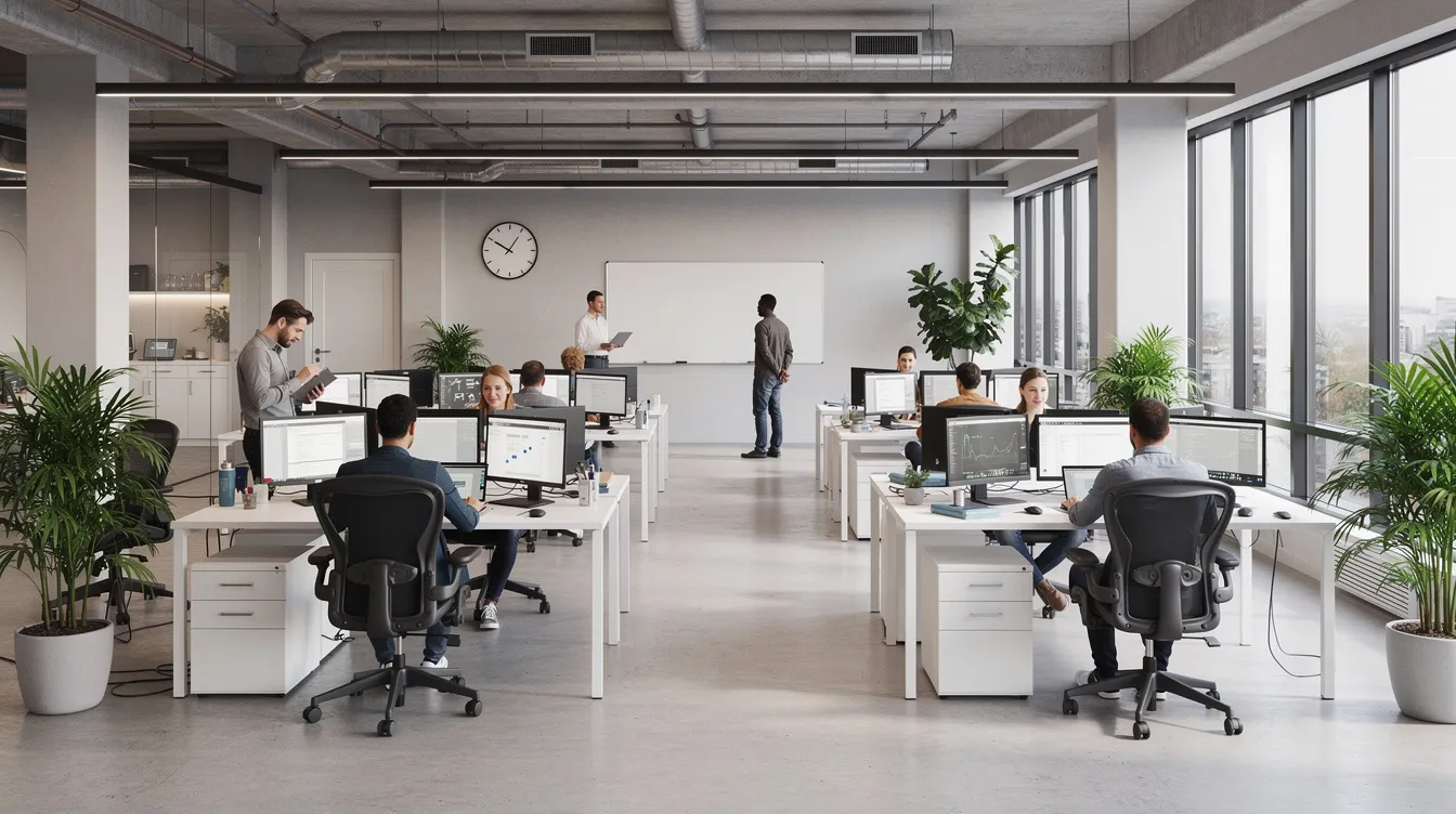 The image depicts a modern open-plan tech office featuring clean workstations bathed in natural light, creating a bright and inviting atmosphere. This space reflects the importance of office cleanliness, showcasing a well-maintained environment that enhances productivity and indoor air quality, essential for any business's success.