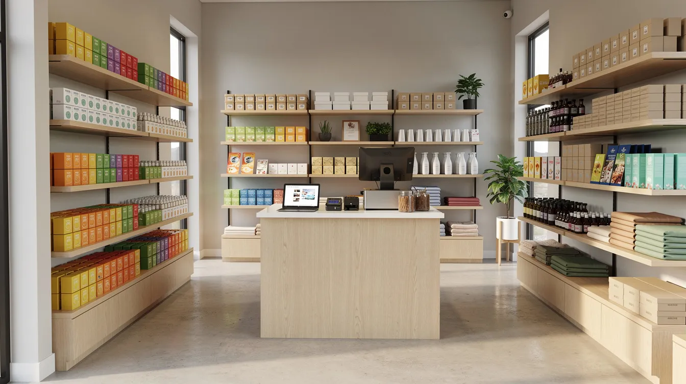 481ddbaf ee59 461c 86fc 98597581d9bb The image depicts the interior of a small retail shop featuring neatly organized product shelves and a counter, creating a welcoming environment for customers. This setting is ideal for a business owner looking to establish a micro unit under the Mudra scheme, as it highlights the importance of effective project logistics details and financial projections for successful operations.