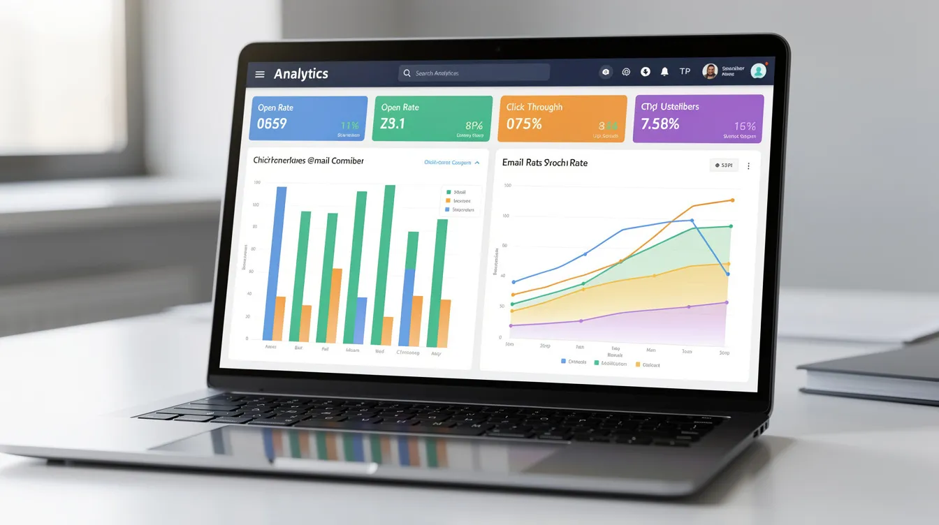 The image displays a laptop screen filled with vibrant bar charts and line graphs that illustrate various email analytics data, including metrics related to sender reputation and inbox placement testing. This visual representation is essential for understanding email deliverability and optimizing email marketing campaigns to ensure emails land in the primary inbox rather than the spam folder.