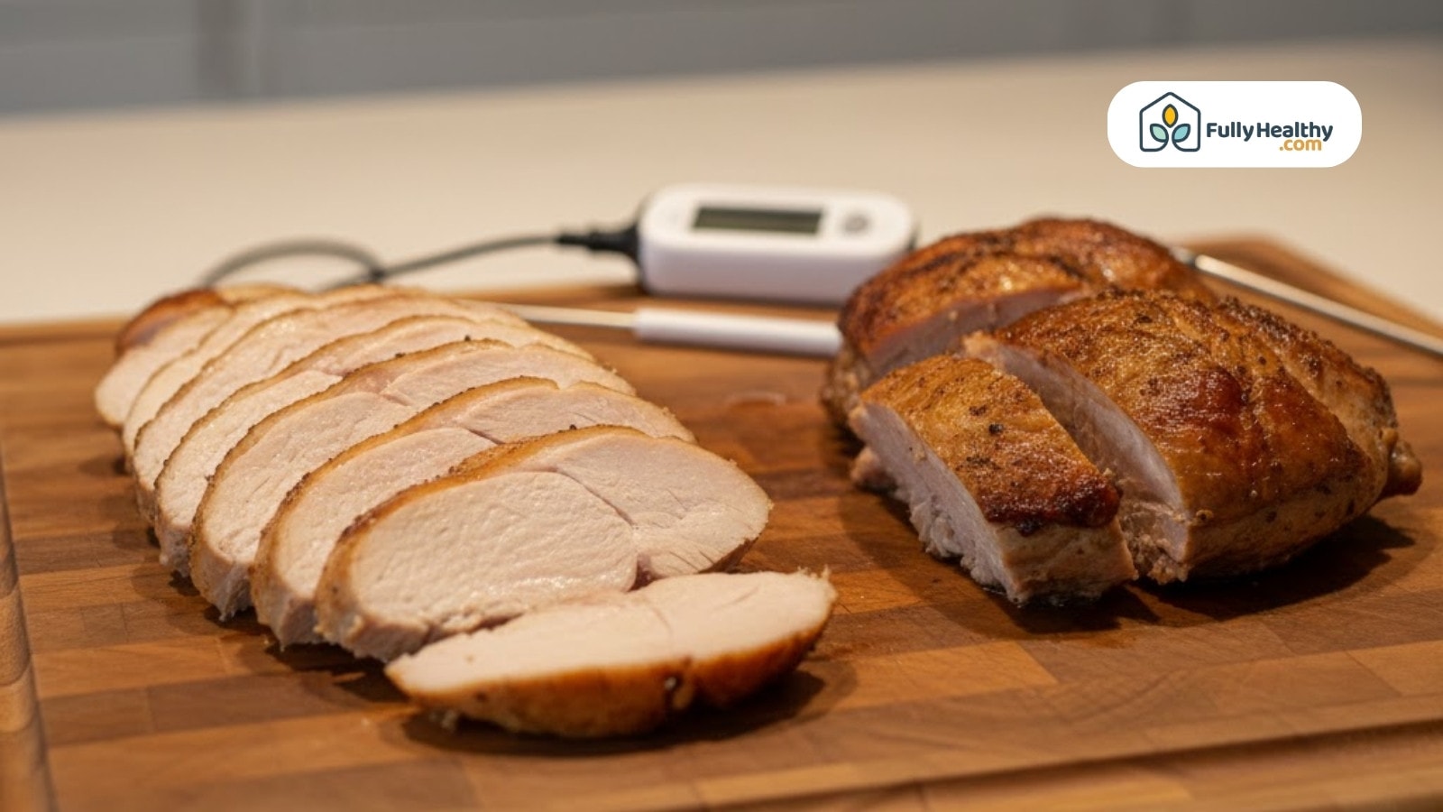 Sliced cooked turkey breast arranged on cutting board with thermometer