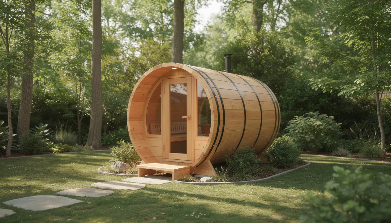 The image depicts an outdoor wooden barrel sauna nestled in a serene backyard, surrounded by lush trees, offering a tranquil space for relaxation. This sauna, made from quality wood, represents a perfect choice for those researching infrared saunas, highlighting the health benefits of infrared heat and a complete therapeutic experience.