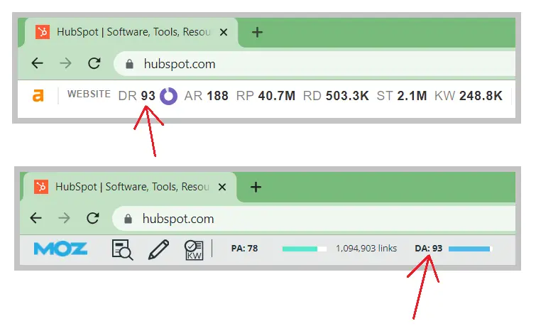 Screenshot of Ahrefs toolbar displaying domain rating and MOZ toolbar displaying domain authority