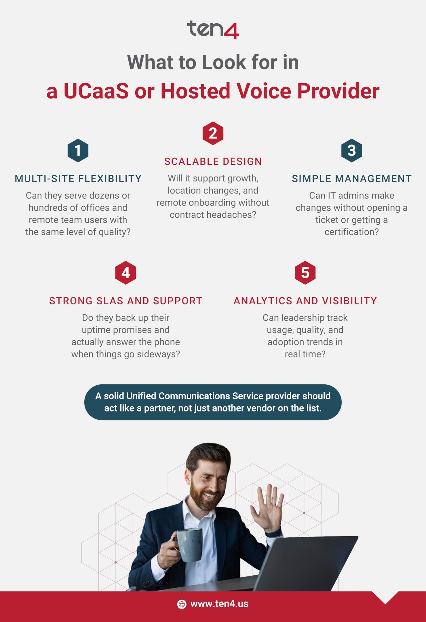 Infographic titled “What to Look for in a UCaaS or Hosted Voice Provider,” listing five key features: flexibility, scalable design, simple management, strong SLAs, and analytics, with an image of a man smiling at a laptop holding a coffee mug.