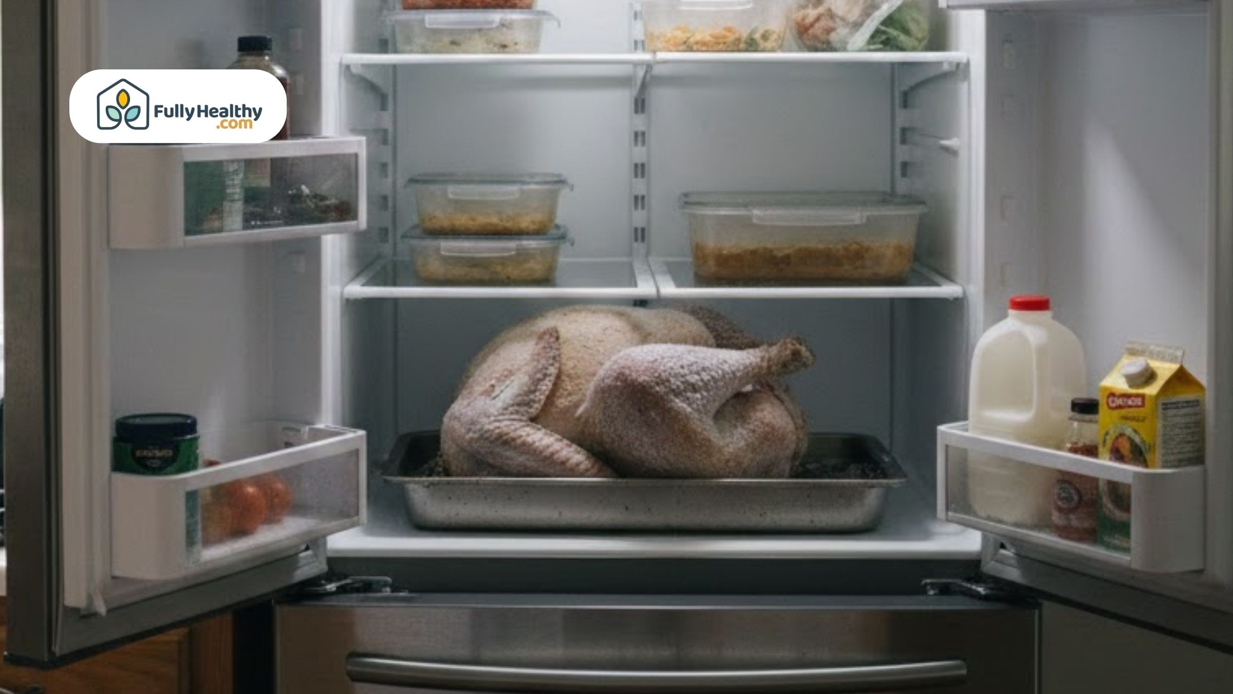 Whole frozen turkey resting on a roasting tray inside a refrigerator shelf.