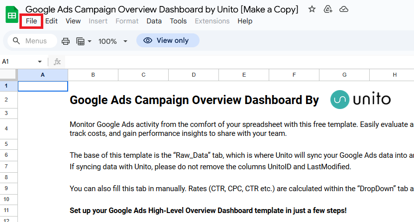 A screenshot of a Google Sheest template with File highlighted.