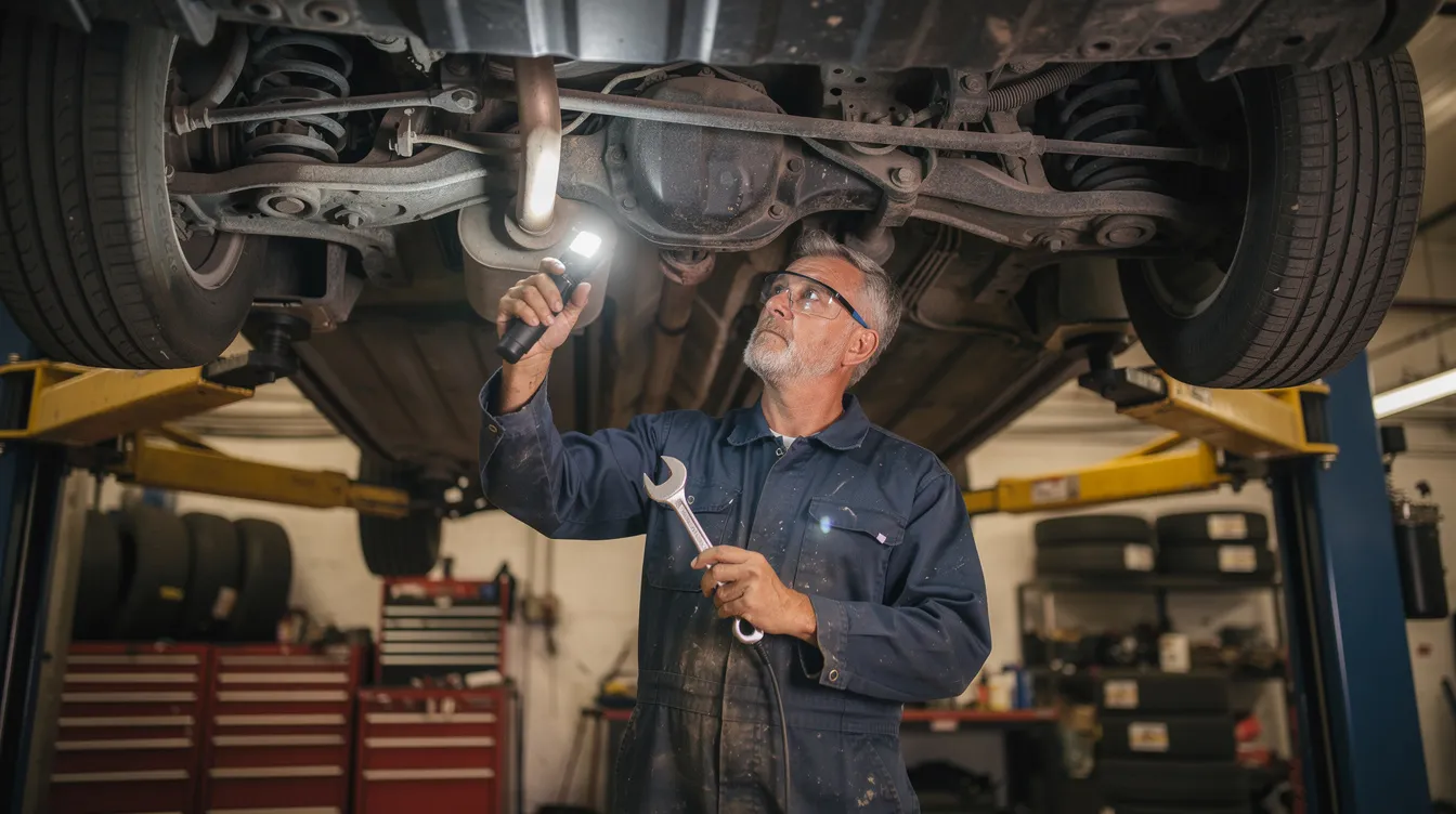 A mechanic is inspecting the undercarriage of a lifted vehicle, focusing on the lower control arms and suspension system to check for wear and ensure stability. The mechanic is positioned on one side of the vehicle, using tools to examine the ball joint and strut for any necessary replacement or maintenance.