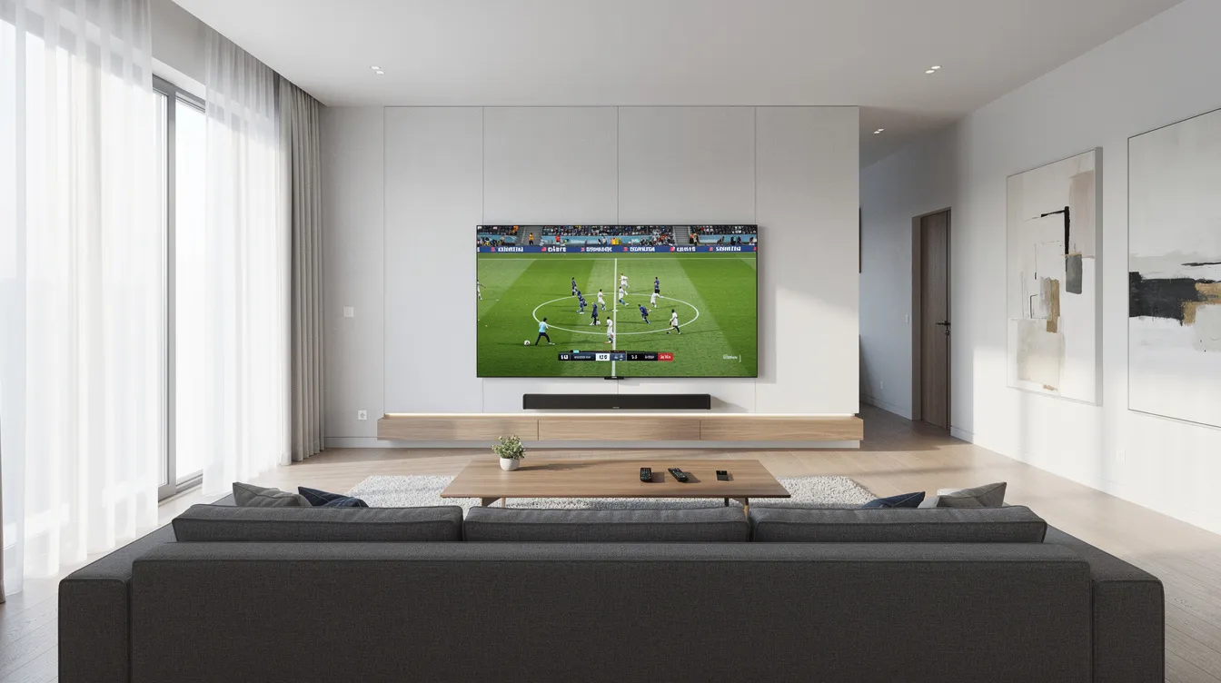 A modern living room features a large flat screen television showcasing a sports broadcast, perfect for Canadian viewers enjoying live channels through an IPTV Canada service. The stylish decor complements the smart TV, creating an inviting space for entertainment and relaxation.