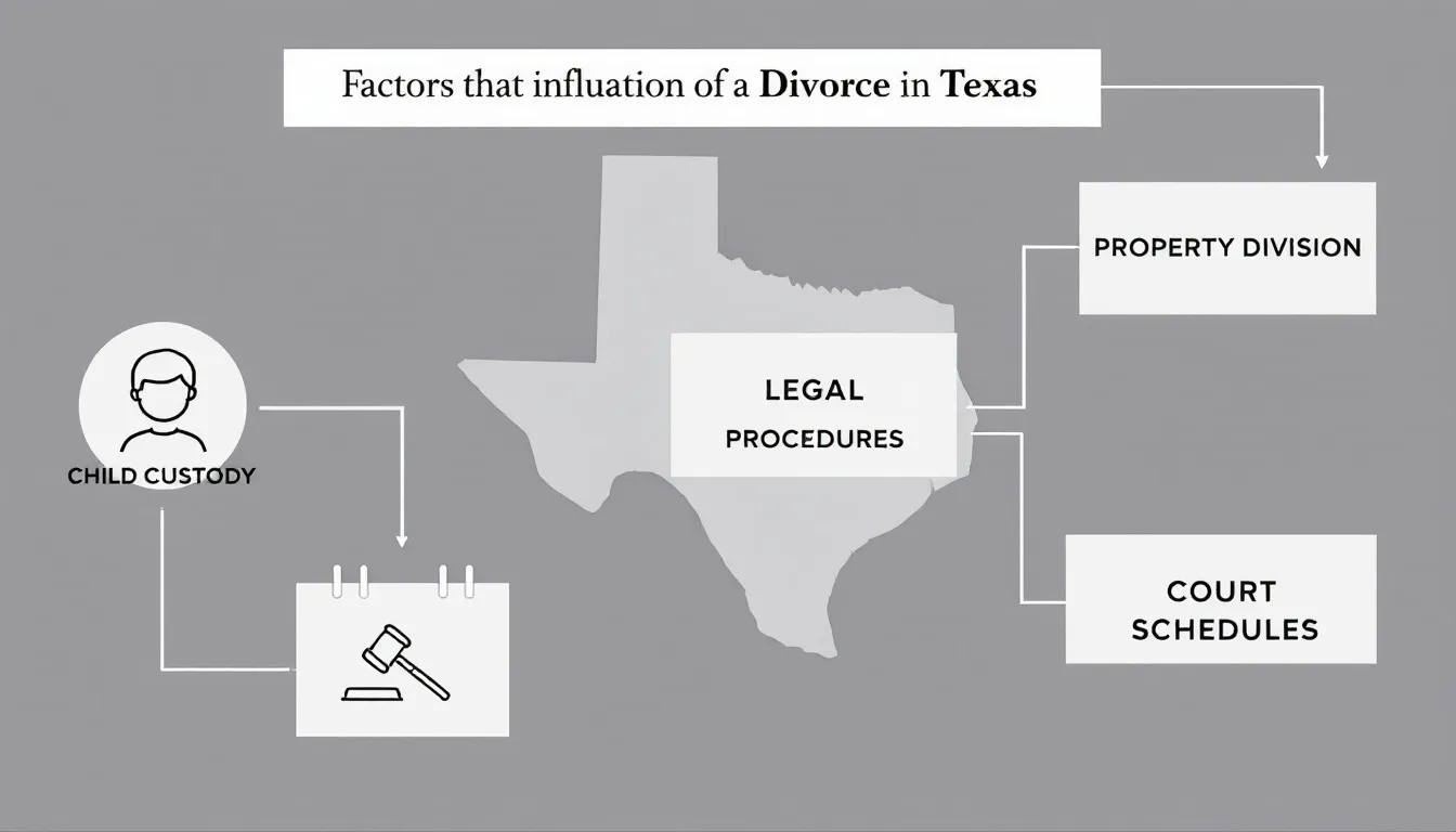 Factors affecting divorce duration, including child custody and property division.