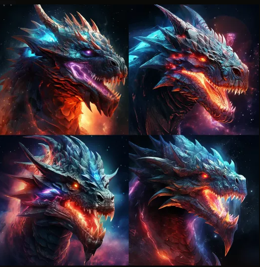 A set of space dragon images generated by Midjourney. 