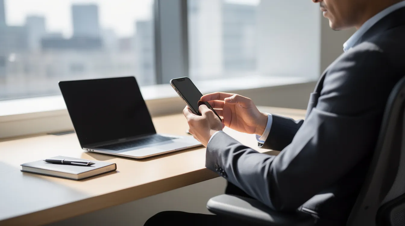 A person is sitting at a desk near a window, holding a mobile phone and dialing an international call with a specific phone number format. The scene suggests they are preparing to connect with someone in another country, possibly using Switzerland's country code for their call.