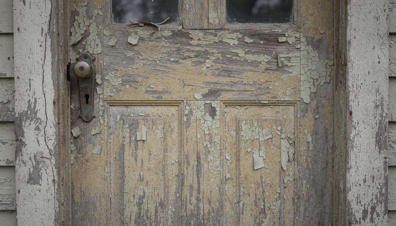 The image depicts a front door with peeling paint and a faded finish, clearly showing signs of neglect that can diminish the home's curb appeal and energy efficiency. This outdated door may also pose security concerns and indicate it's time to consider door replacement for better insulation and an improved appearance.