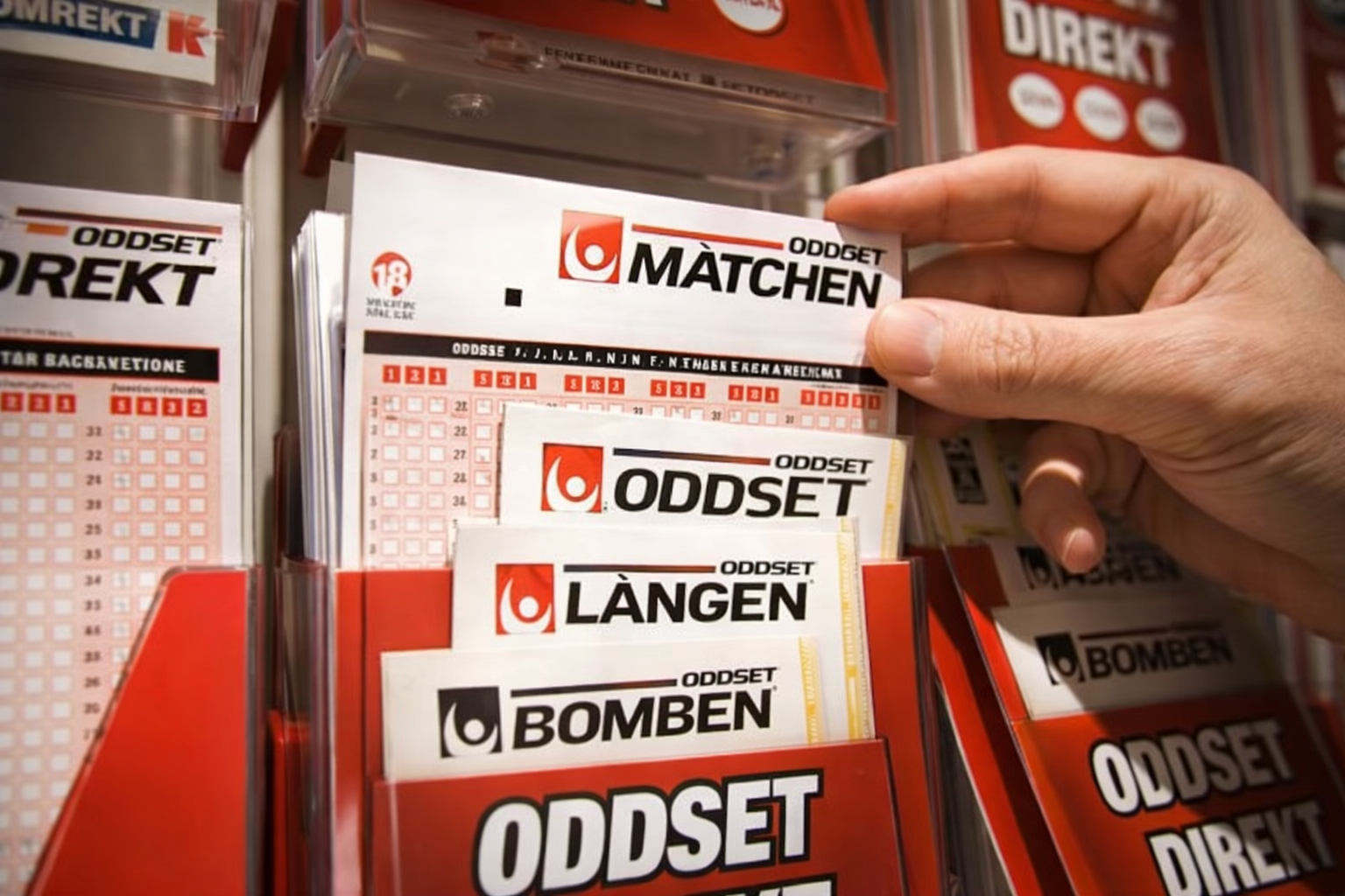 Oddset spelkuponger som Matchen, Lången och Bomben från Svenska Spel Sport & Casino i butik. Spelare kan välja kupong för sportspel och odds på olika matcher, 18 år gäller och stöd finns via Spelkoll.