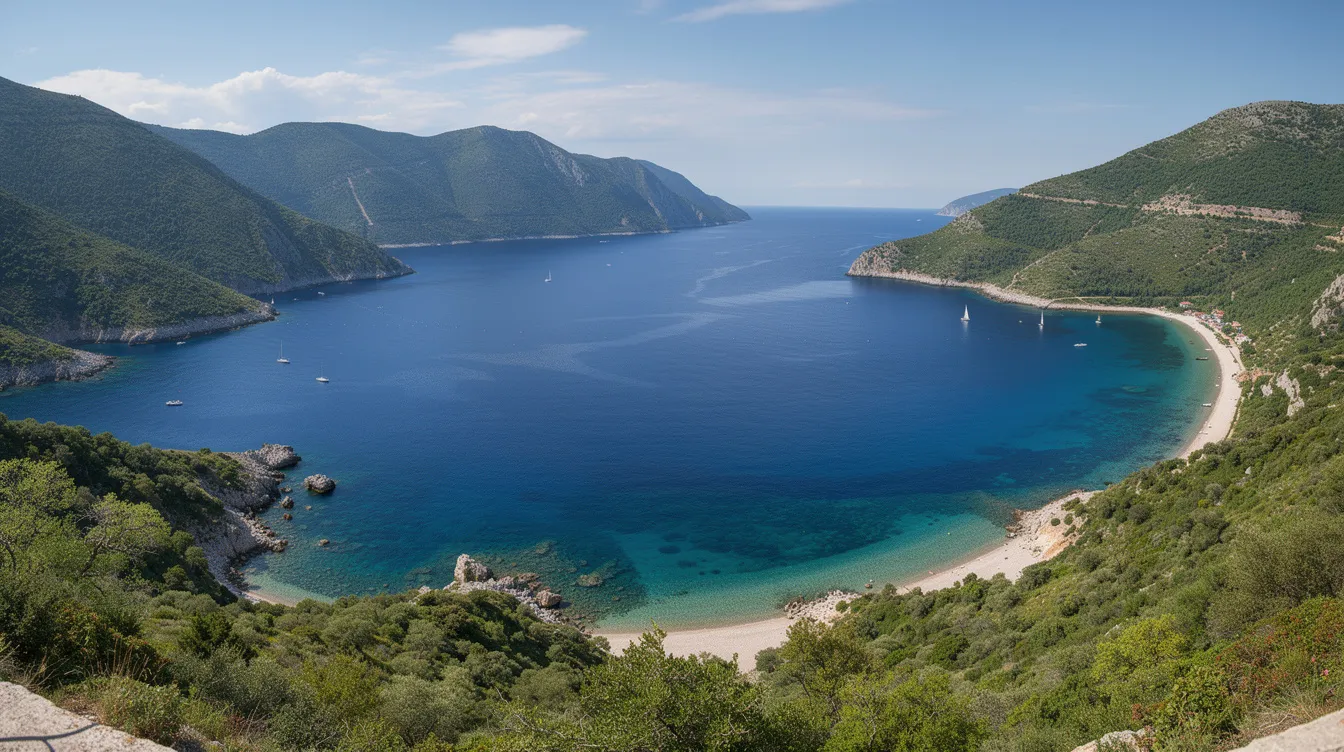Vista panorâmica de uma baía no litoral do Adriático, cercada por montanhas verdes e com águas azul profundo, criando um cenário deslumbrante que reflete a beleza natural do Montenegro. A imagem captura a tranquilidade do local, ideal para turistas que buscam explorar a cultura e a história da região.