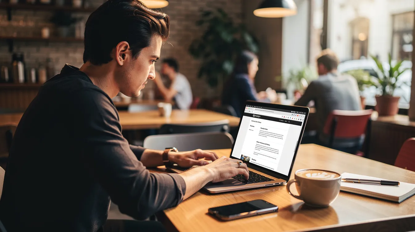 A person is seated at a coffee shop, focused on their laptop with a web browser open, likely researching how to convert a Word document to PDF format. The atmosphere is casual, with coffee cups and a cozy environment surrounding them.