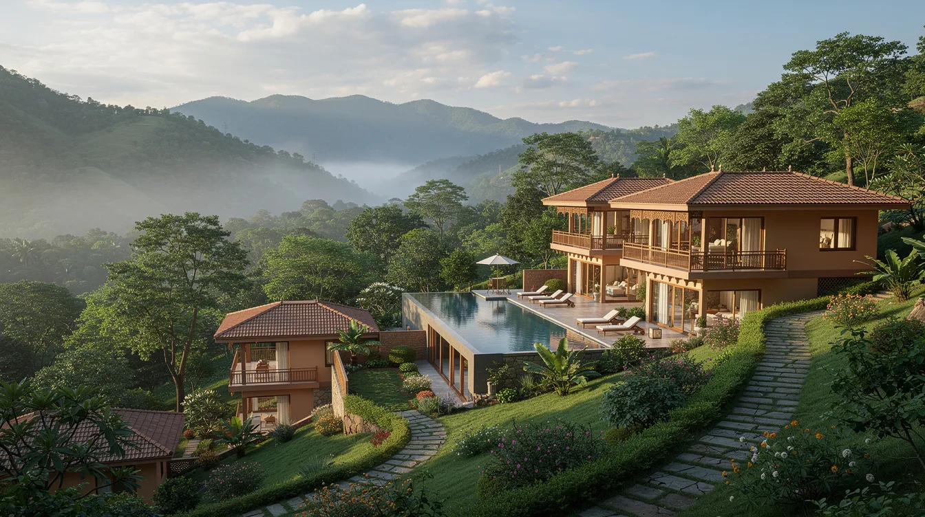 The image depicts a picturesque hillside resort property in India, surrounded by vibrant green trees and majestic mountains, showcasing the ideal location for hospitality projects. This serene setting highlights the potential for resort development and the appeal for investors looking to finance hotel or resort projects.