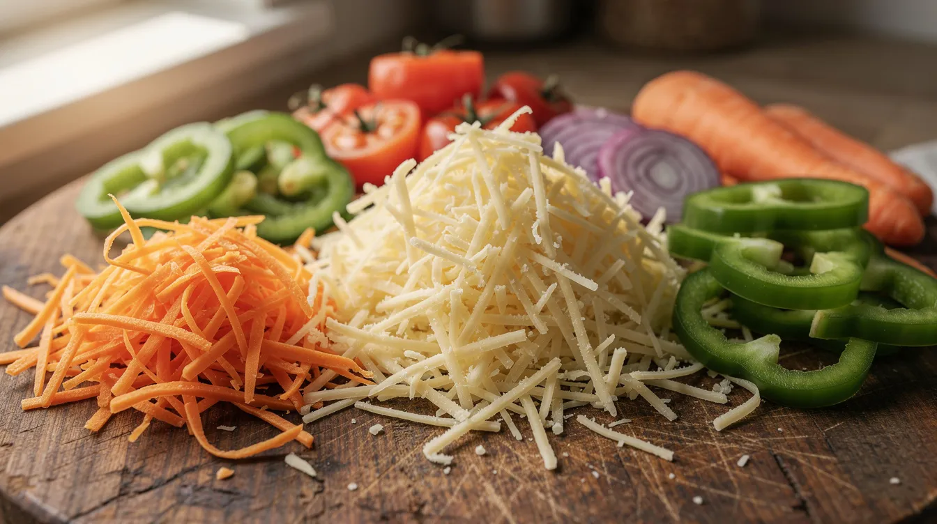 The image features a wooden cutting board topped with freshly shredded cheese and neatly sliced vegetables, showcasing a variety of colors and textures, perfect for food prep tasks. This arrangement highlights the convenience of using a food processor for efficient weekly meal prep.