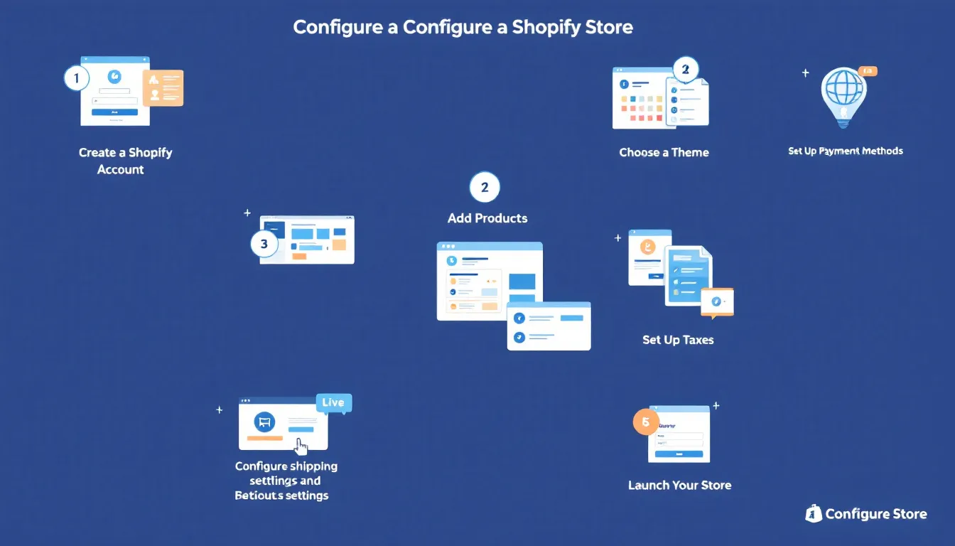 The image illustrates the essential steps for configuring a Shopify store, showcasing a user-friendly interface with options for customizing themes, adding product details, and setting up payment methods. It highlights the importance of creating a professional ecommerce website to enhance customer experience and streamline online business operations.