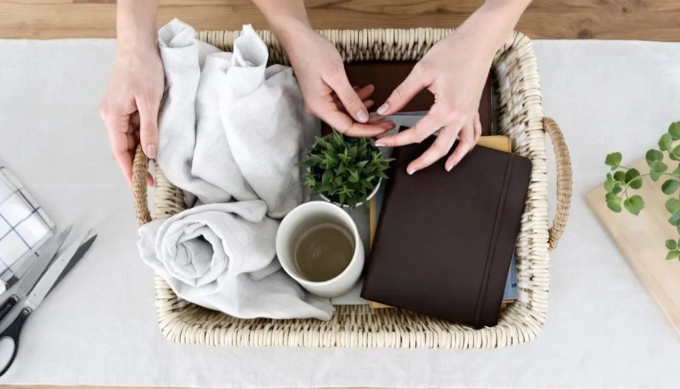 The image depicts hands carefully arranging a thoughtful assortment of items inside a wicker basket, designed as a get well gift basket. This DIY creation showcases a mix of comforting items like sweet treats, soothing teas, and fresh flowers, perfect for brightening someone's day during difficult times.