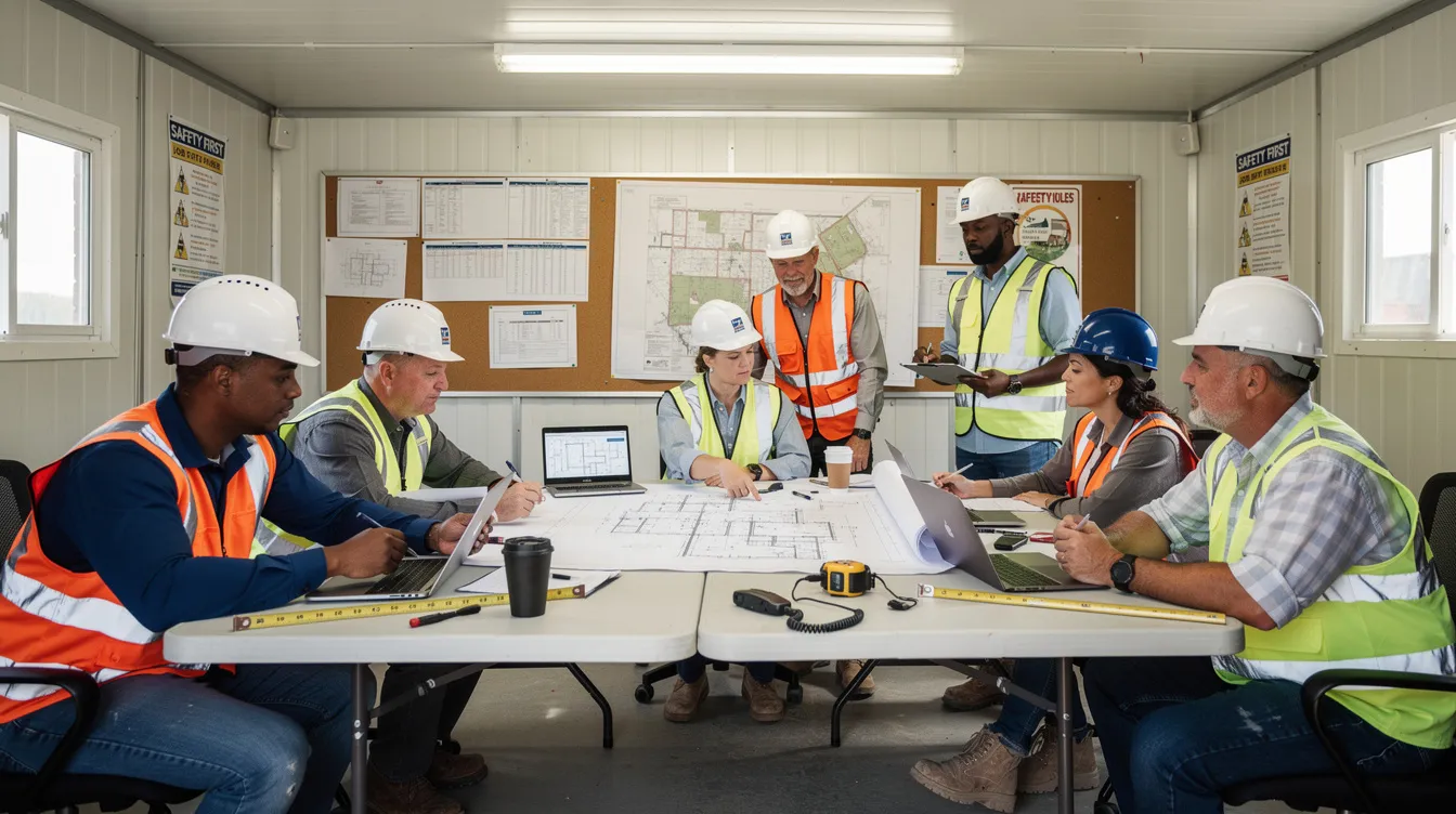 A construction team is gathered in a jobsite office trailer, actively reviewing plans and discussing strategies related to project management and construction forecasting. Their collaborative efforts aim to enhance project efficiency, manage costs, and ensure successful outcomes for their construction projects.