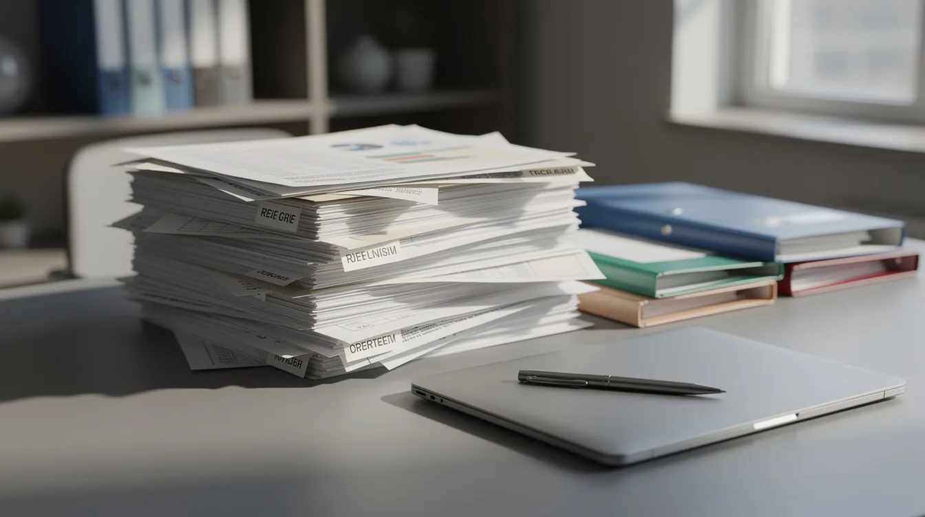 Stack of organized legal documents and files on a desk with a laptop and pen, representing family law services and asset evaluation in Santa Ana by Pinkham & Associates.