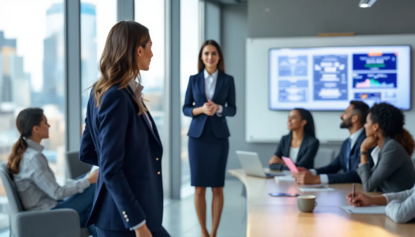 A professional woman in business attire stands confidently in a modern conference room with large windows, presenting to a diverse team of business leaders. The setting emphasizes effective leadership and the importance of managing organizational change, as she discusses strategies for successful change initiatives and the desired outcomes for the company culture.
