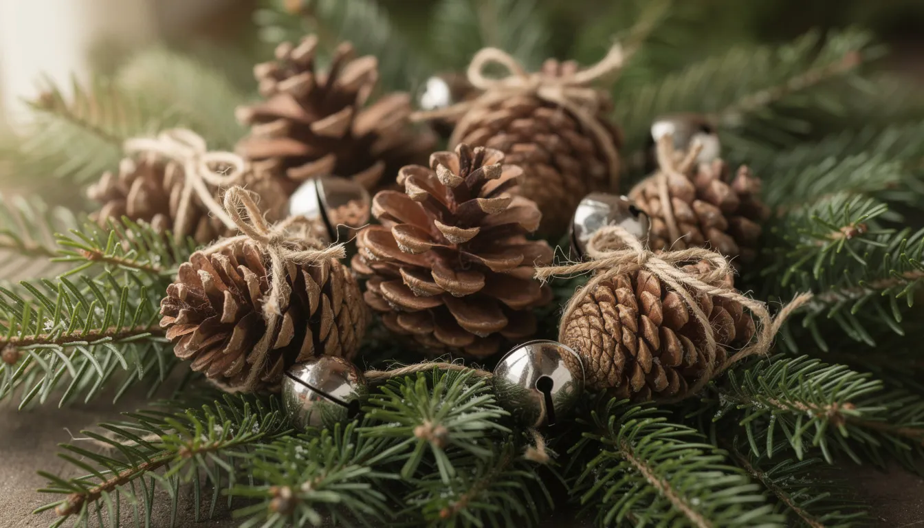 The image features a beautiful arrangement of natural pinecone decorations intertwined with twine and jingle bells, placed on lush evergreen branches, creating a festive and eco-friendly display for the holiday season. This sustainable Christmas decor highlights the charm of natural materials, perfect for adding a personal touch to any Christmas tree or holiday celebration.