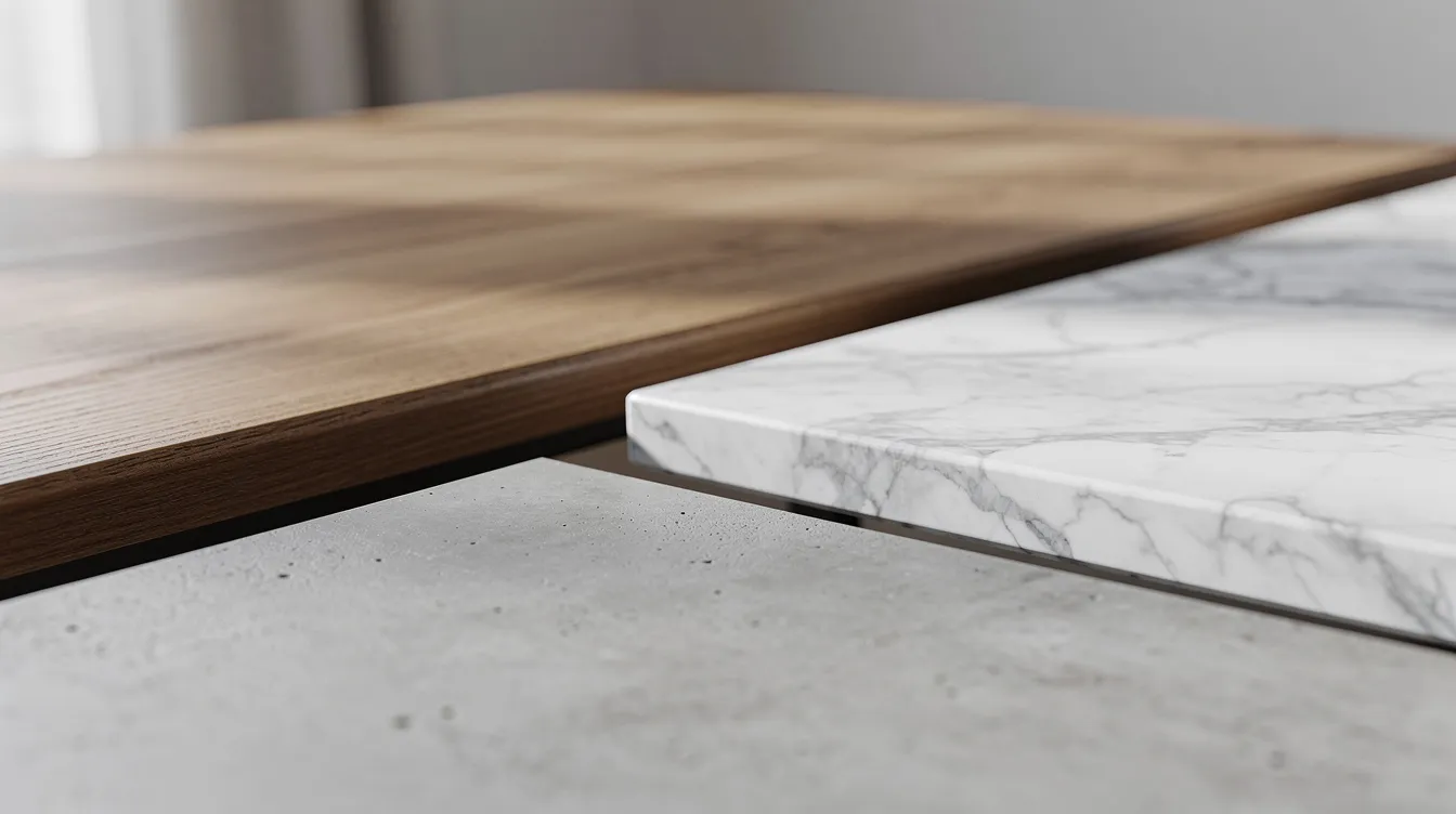 Närbild av olika soffbordsytor i trä, betong och marmor som ligger bredvid varandra, vilket visar på mångfalden av material och design som finns tillgängliga för vardagsrummet. Dessa ytor erbjuder en bra möjlighet att välja ett soffbord som passar just dina behov och stil.