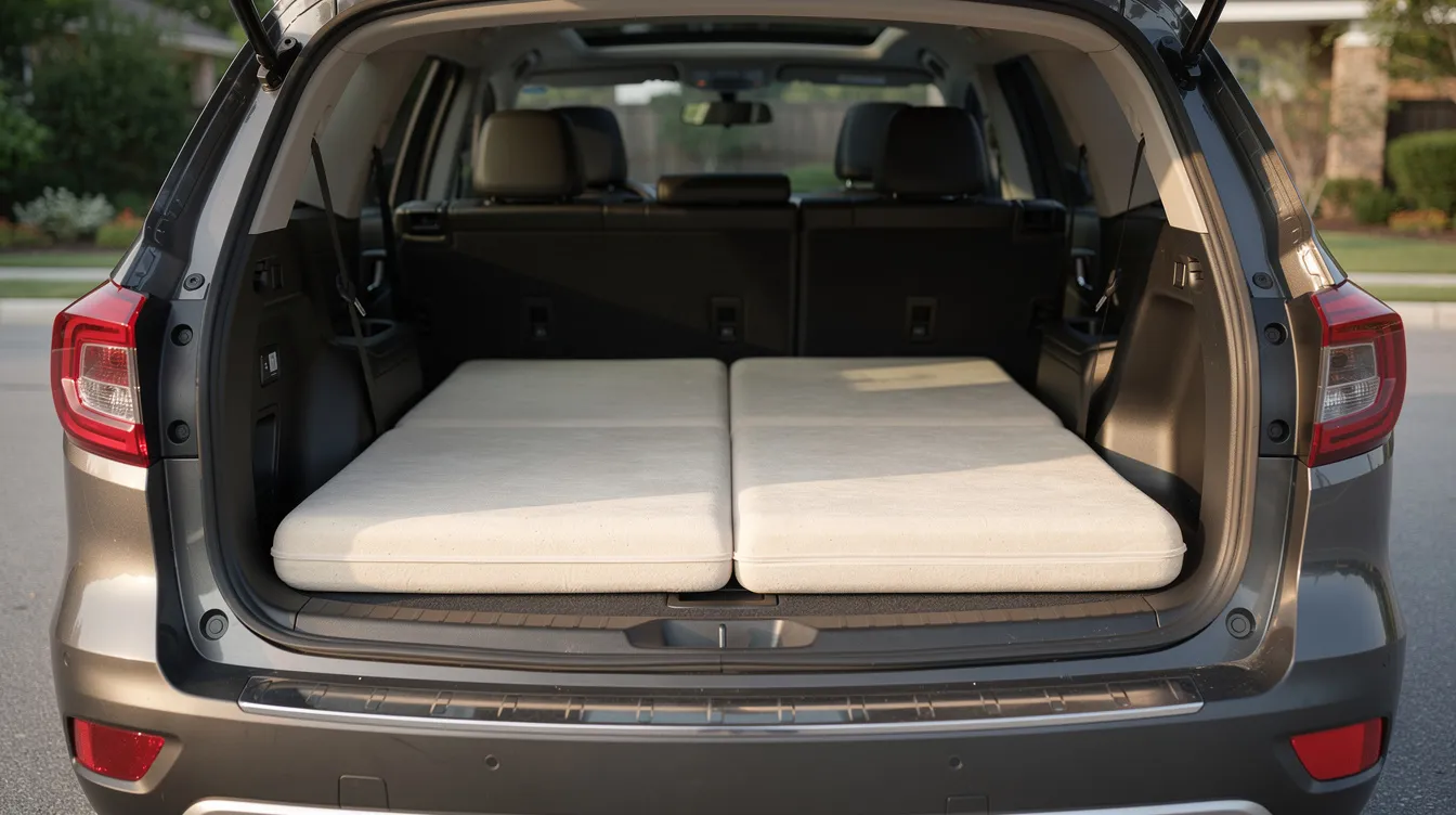 A memory foam sleeping pad is laid flat in the cargo area of an SUV, with the rear hatch open, ready for a camping trip. The comfortable pad provides a soft surface for sleeping, making it a great choice for travelers looking to rest during their outdoor adventures.