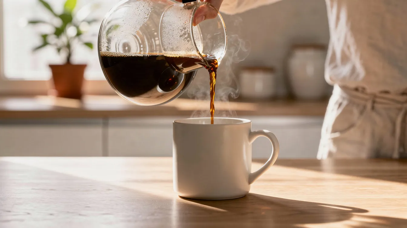 Una persona está vertiendo café recién hecho desde una jarra de vidrio en una taza de cerámica, en una cocina iluminada por luz natural que resalta los detalles del ambiente. La escena transmite una sensación de calidez y confort, ideal para disfrutar de una buena taza de café.