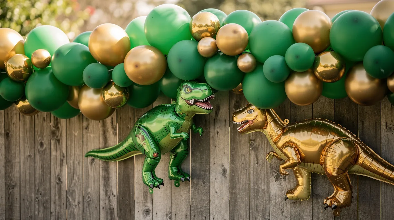 A close-up view of a vibrant green and gold balloon garland adorned with large inflatable dinosaur balloons, all attached to a rustic wooden fence, creating a festive atmosphere perfect for a dinosaur birthday party theme. This colorful party decor adds a playful touch to the celebration, making it an exciting spot for party guests to gather and enjoy the festivities.