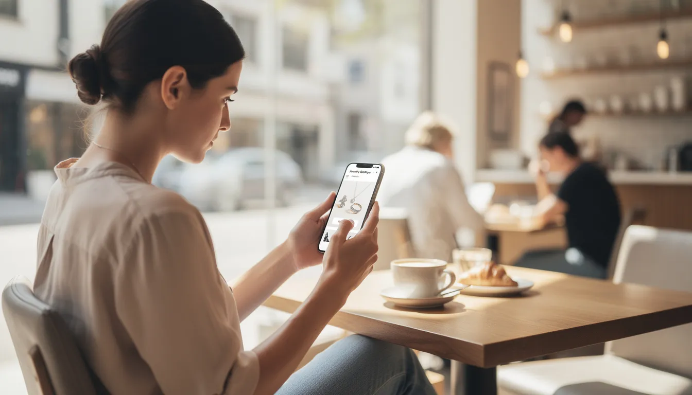 A woman is sitting in a bright cafe, intently browsing a jewellery website on her smartphone. The scene captures her engagement with the digital content, highlighting the modern blend of technology and everyday life.