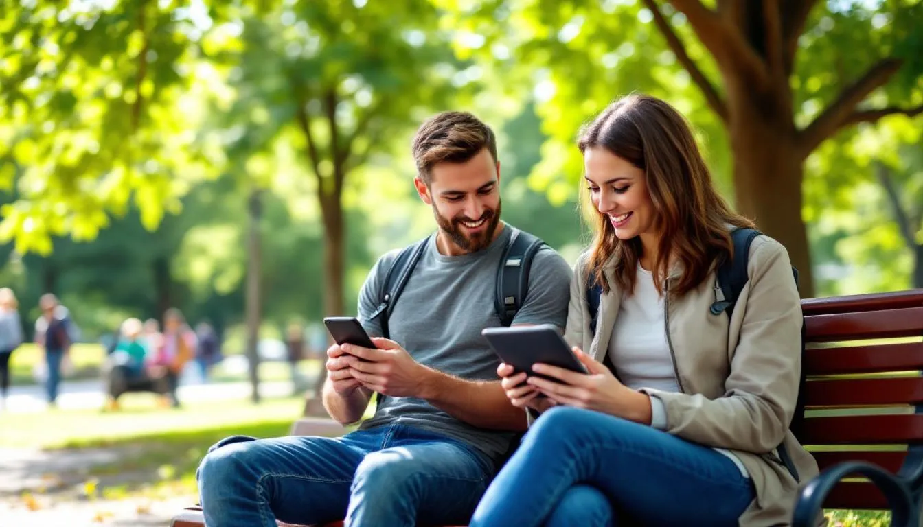 In the image, a diverse group of travelers is seen using mobile devices to research hotels and destinations, highlighting the importance of digital marketing in the hospitality industry. These potential guests are engaging with social media platforms and search engines to enhance their booking process and explore local attractions.