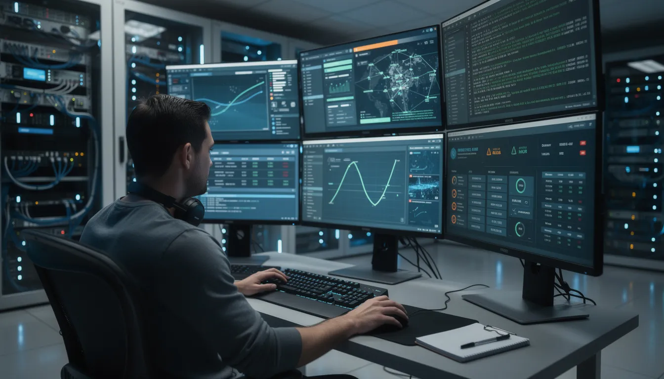 L'image montre un administrateur système attentif, surveillant plusieurs écrans dans un centre de données, où des informations sur la sécurité du réseau et des services sont affichées. Il semble analyser des données pour prévenir les cybermenaces et assurer le bon fonctionnement du système.