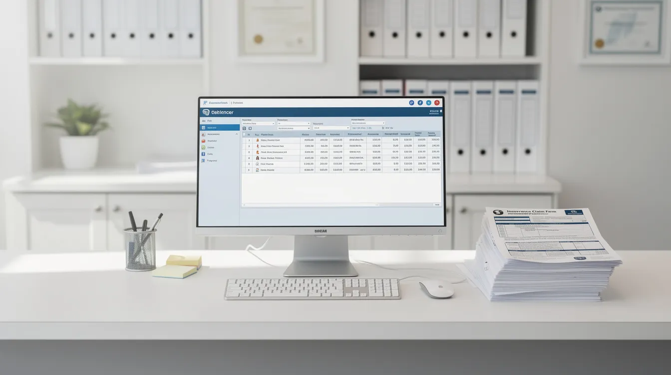The image depicts a dentist's office front desk, featuring a computer screen displaying billing software alongside a stack of insurance paperwork. This setting highlights the administrative side of dental services, where dental professionals manage dental claims and insurance information for patient treatments.
